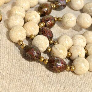 Vintage Fossil Jasper & Cloisonné bead necklace Sterling vermeil filigree clasp